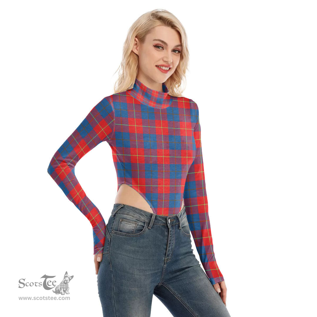 Scottish Galloway Red Clan Tartan Womens Turtleneck High Cut Bodysuit Stretchy Jumpsuit