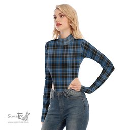 Scottish Clergy Blue Clan Tartan Womens Turtleneck High Cut Bodysuit Stretchy Jumpsuit