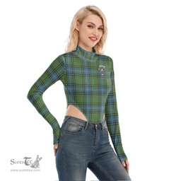 Scottish MacMillan Hunting Ancient Clan Crest Tartan Womens Turtleneck High Cut Bodysuit Stretchy Jumpsuit