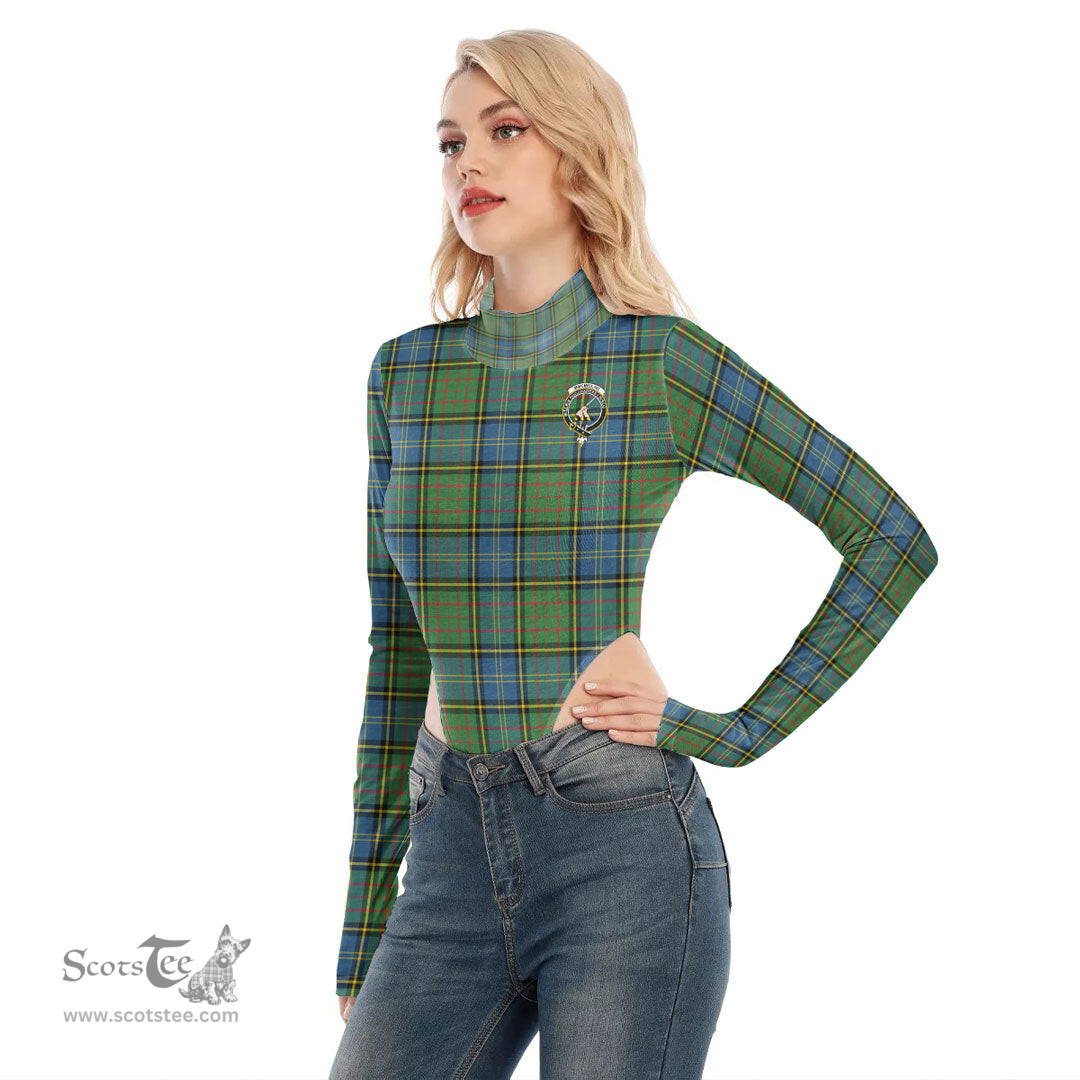 Scottish MacMillan Hunting Ancient Clan Crest Tartan Womens Turtleneck High Cut Bodysuit Stretchy Jumpsuit