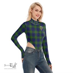 Scottish Johnston Modern Clan Crest Tartan Womens Turtleneck High Cut Bodysuit Stretchy Jumpsuit