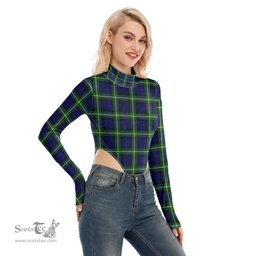 Scottish Lamont Modern Clan Tartan Womens Turtleneck High Cut Bodysuit Stretchy Jumpsuit