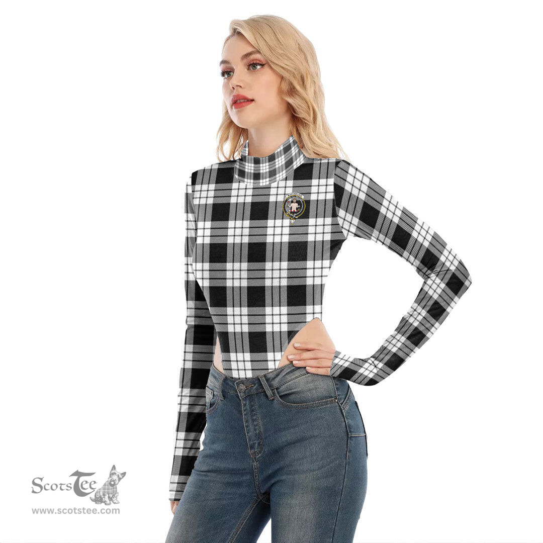 Scottish MacFarlane Black White Clan Crest Tartan Womens Turtleneck High Cut Bodysuit Stretchy Jumpsuit