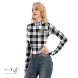 Scottish MacFarlane Black White Clan Crest Tartan Womens Turtleneck High Cut Bodysuit Stretchy Jumpsuit