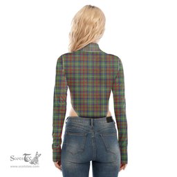 Scottish Shaw Green Modern Clan Tartan Womens Turtleneck High Cut Bodysuit Stretchy Jumpsuit