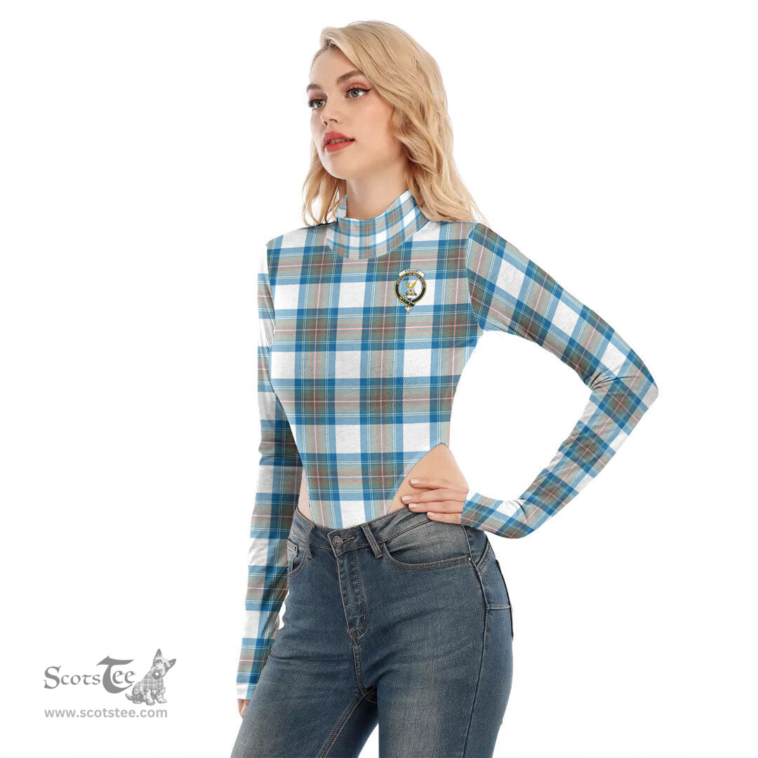 Scottish Stewart Muted Blue Clan Crest Tartan Womens Turtleneck High Cut Bodysuit Stretchy Jumpsuit
