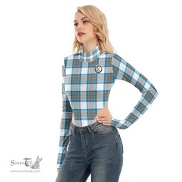 Scottish Stewart Muted Blue Clan Crest Tartan Womens Turtleneck High Cut Bodysuit Stretchy Jumpsuit