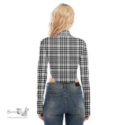Scottish Scott Black White Modern Clan Tartan Womens Turtleneck High Cut Bodysuit Stretchy Jumpsuit