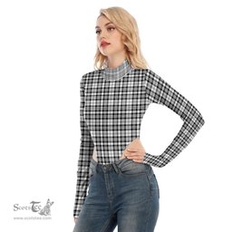 Scottish Scott Black White Modern Clan Tartan Womens Turtleneck High Cut Bodysuit Stretchy Jumpsuit