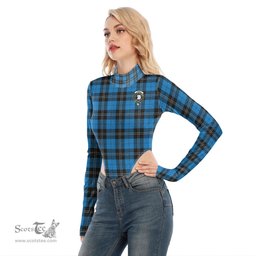Scottish Ramsay Blue Ancient Clan Crest Tartan Womens Turtleneck High Cut Bodysuit Stretchy Jumpsuit