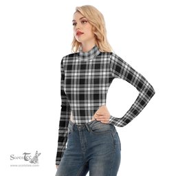 Scottish Menzies Black White Modern Clan Tartan Womens Turtleneck High Cut Bodysuit Stretchy Jumpsuit