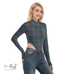 Scottish Wood Modern Clan Tartan Womens Turtleneck High Cut Bodysuit Stretchy Jumpsuit