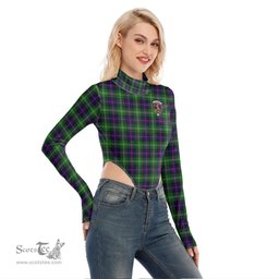 Scottish Sutherland Modern Clan Crest Tartan Womens Turtleneck High Cut Bodysuit Stretchy Jumpsuit