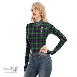 Scottish Sutherland Modern Clan Crest Tartan Womens Turtleneck High Cut Bodysuit Stretchy Jumpsuit