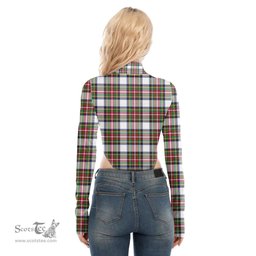 Scottish Stewart Dress Modern Clan Tartan Womens Turtleneck High Cut Bodysuit Stretchy Jumpsuit