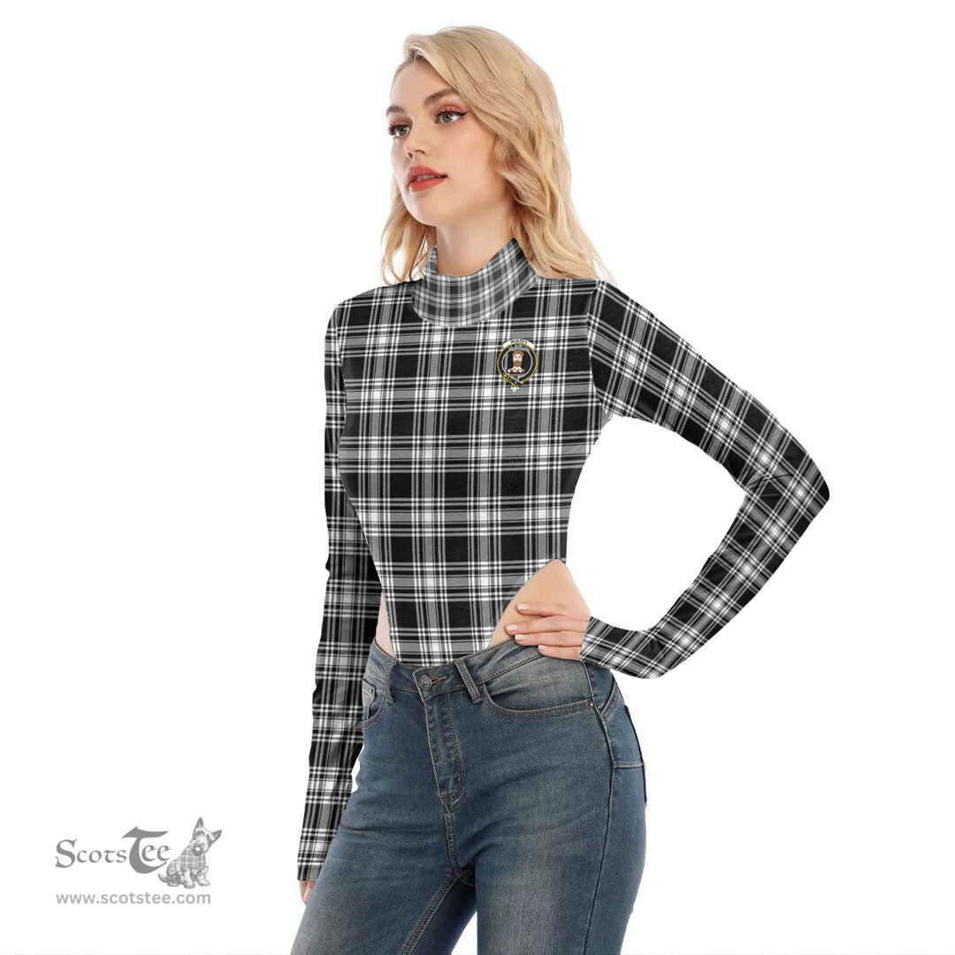 Scottish Menzies Black White Modern Clan Crest Tartan Womens Turtleneck High Cut Bodysuit Stretchy Jumpsuit