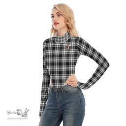 Scottish Menzies Black White Modern Clan Crest Tartan Womens Turtleneck High Cut Bodysuit Stretchy Jumpsuit
