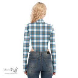 Scottish Stewart Muted Blue Clan Tartan Womens Turtleneck High Cut Bodysuit Stretchy Jumpsuit