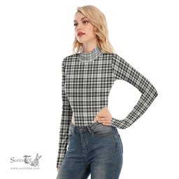 Scottish Scott Black White Ancient Clan Tartan Womens Turtleneck High Cut Bodysuit Stretchy Jumpsuit