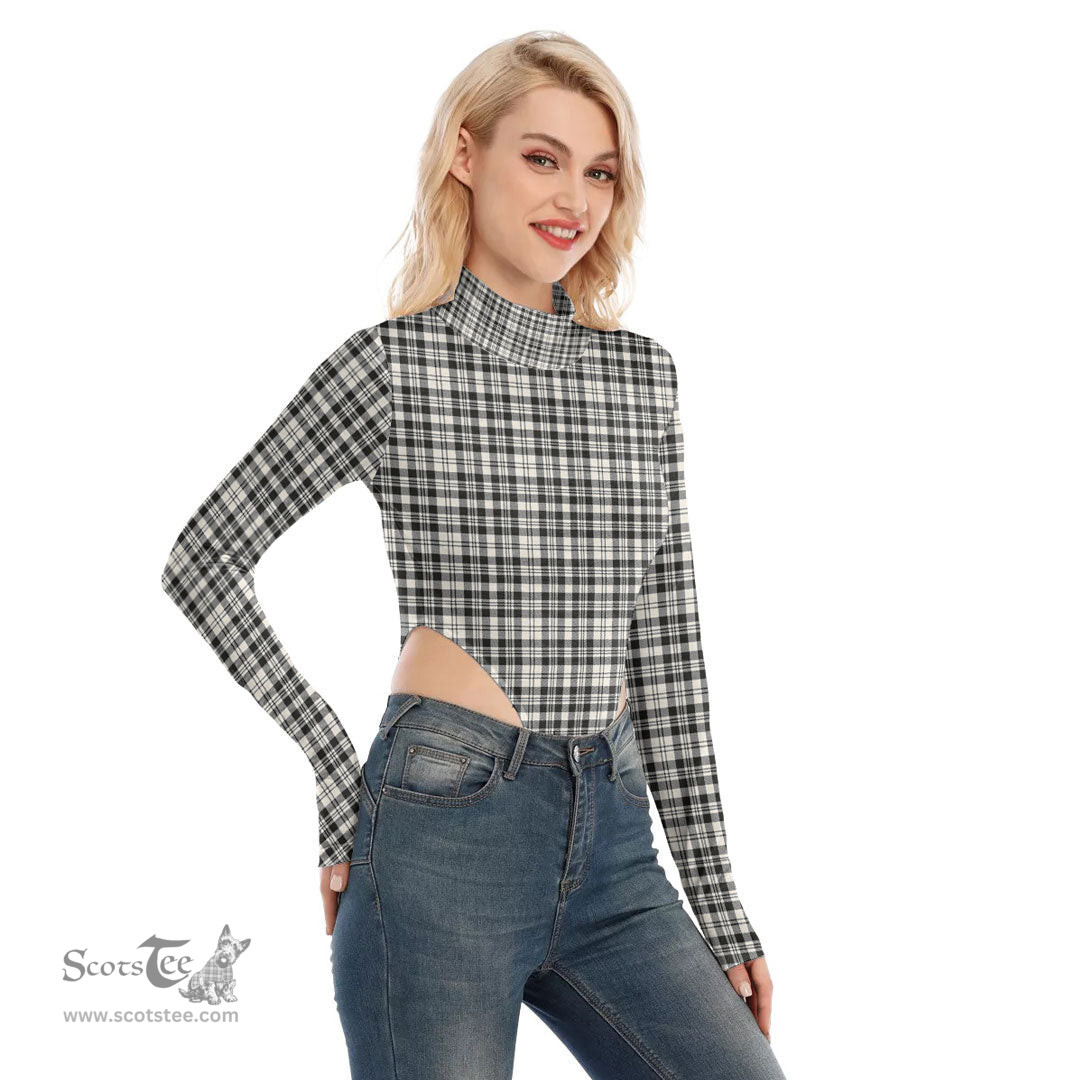 Scottish Scott Black White Ancient Clan Tartan Womens Turtleneck High Cut Bodysuit Stretchy Jumpsuit
