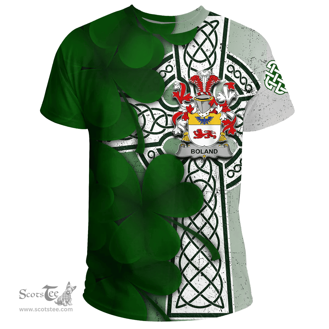 ScotsTee Shop Irish Boland or O Boland Coat of Arms Irish Family Crest T Shirt Irish Shamrock Celtic Cross T Shirt