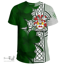 ScotsTee Shop Irish Boland or O Boland Coat of Arms Irish Family Crest T Shirt Irish Shamrock Celtic Cross T Shirt