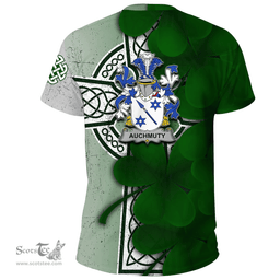 ScotsTee Shop Irish Auchmuty Coat of Arms Irish Family Crest T Shirt Irish Shamrock Celtic Cross T Shirt