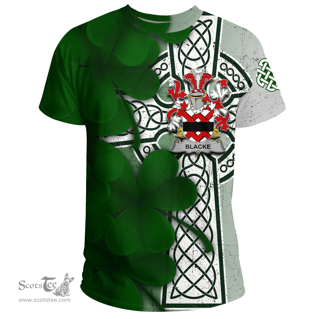 ScotsTee Shop Irish Blacke Coat of Arms Irish Family Crest T Shirt Irish Shamrock Celtic Cross T Shirt