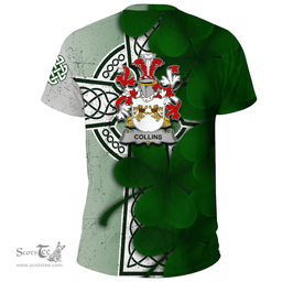 ScotsTee Shop Irish Collins Coat of Arms Irish Family Crest T Shirt Irish Shamrock Celtic Cross T Shirt