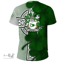 ScotsTee Shop Irish Droney or O Droney Coat of Arms Irish Family Crest T Shirt Irish Shamrock Celtic Cross T Shirt