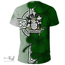 ScotsTee Shop Irish Beresford Coat of Arms Irish Family Crest T Shirt Irish Shamrock Celtic Cross T Shirt