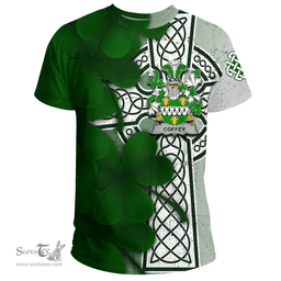 ScotsTee Shop Irish Coffey or O Coffey Coat of Arms Irish Family Crest T Shirt Irish Shamrock Celtic Cross T Shirt