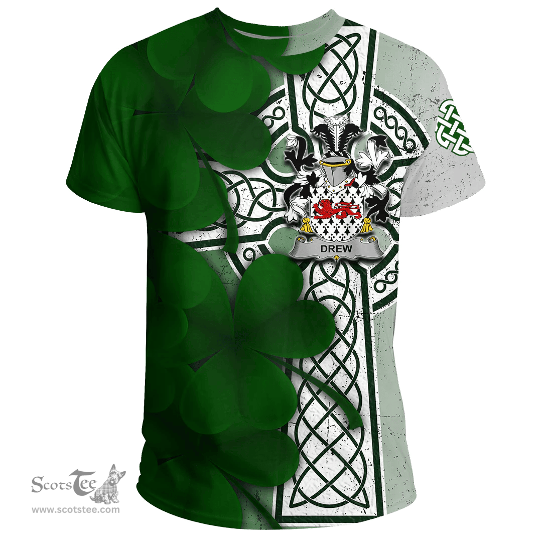 ScotsTee Shop Irish Drew Coat of Arms Irish Family Crest T Shirt Irish Shamrock Celtic Cross T Shirt