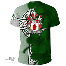 ScotsTee Shop Irish Devaney or O Devaney Coat of Arms Irish Family Crest T Shirt Irish Shamrock Celtic Cross T Shirt
