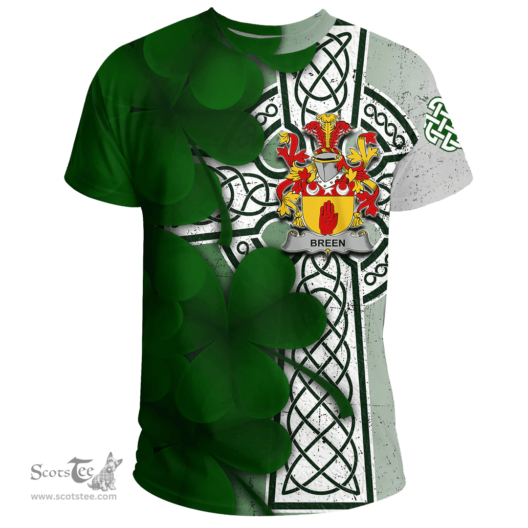 ScotsTee Shop Irish Breen or O Breen Coat of Arms Irish Family Crest T Shirt Irish Shamrock Celtic Cross T Shirt