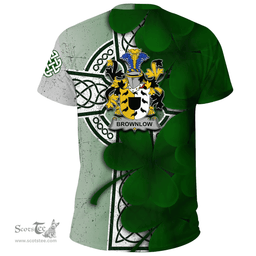 ScotsTee Shop Irish Brownlow Coat of Arms Irish Family Crest T Shirt Irish Shamrock Celtic Cross T Shirt