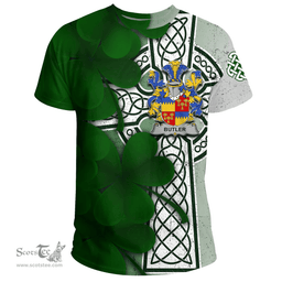 ScotsTee Shop Irish Butler Coat of Arms Irish Family Crest T Shirt Irish Shamrock Celtic Cross T Shirt