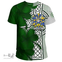 ScotsTee Shop Irish Carthew Coat of Arms Irish Family Crest T Shirt Irish Shamrock Celtic Cross T Shirt