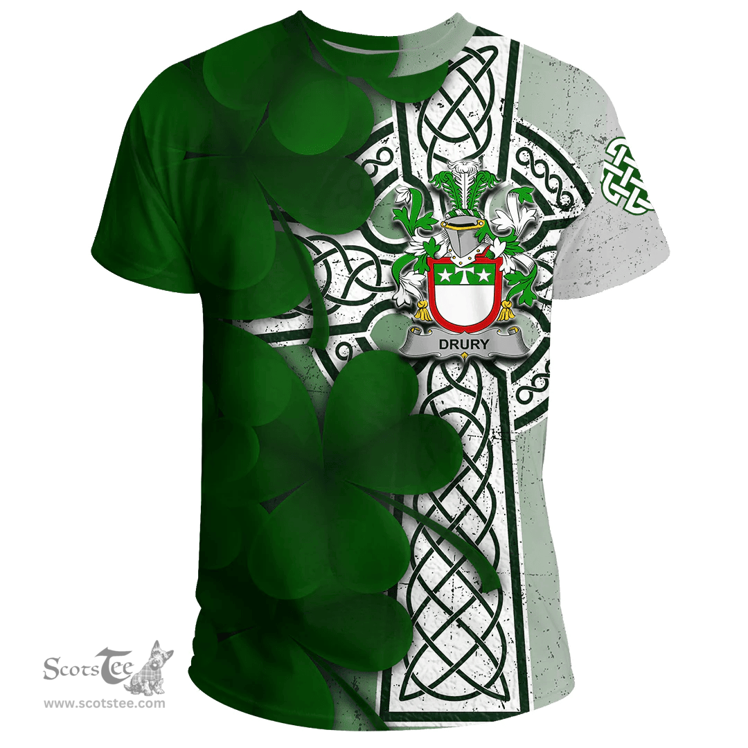 ScotsTee Shop Irish Drury or McDrury Coat of Arms Irish Family Crest T Shirt Irish Shamrock Celtic Cross T Shirt