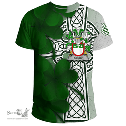 ScotsTee Shop Irish Drury or McDrury Coat of Arms Irish Family Crest T Shirt Irish Shamrock Celtic Cross T Shirt