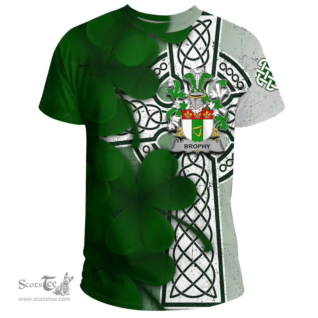 ScotsTee Shop Irish Brophy or O Brophy Coat of Arms Irish Family Crest T Shirt Irish Shamrock Celtic Cross T Shirt