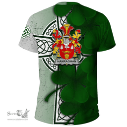 ScotsTee Shop Irish Hanraghan or O Hanraghan Coat of Arms Irish Family Crest T Shirt Irish Shamrock Celtic Cross T Shirt