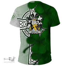 ScotsTee Shop Irish Grattan or McGrattan Coat of Arms Irish Family Crest T Shirt Irish Shamrock Celtic Cross T Shirt