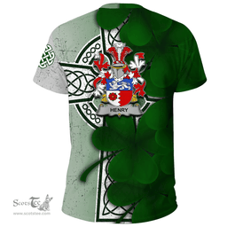ScotsTee Shop Irish Henry or O Henry Coat of Arms Irish Family Crest T Shirt Irish Shamrock Celtic Cross T Shirt