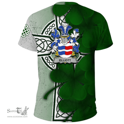 ScotsTee Shop Irish Elliott Coat of Arms Irish Family Crest T Shirt Irish Shamrock Celtic Cross T Shirt