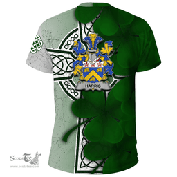 ScotsTee Shop Irish Harris Coat of Arms Irish Family Crest T Shirt Irish Shamrock Celtic Cross T Shirt