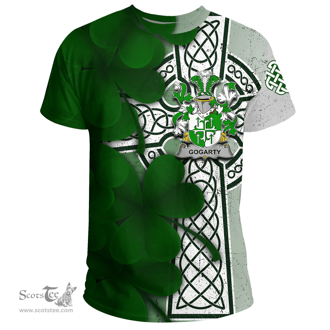 ScotsTee Shop Irish Gogarty Coat of Arms Irish Family Crest T Shirt Irish Shamrock Celtic Cross T Shirt