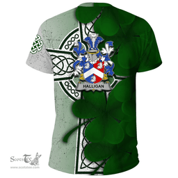 ScotsTee Shop Irish Halligan or O Halligan Coat of Arms Irish Family Crest T Shirt Irish Shamrock Celtic Cross T Shirt