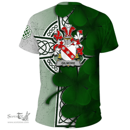 ScotsTee Shop Irish Gilmore Coat of Arms Irish Family Crest T Shirt Irish Shamrock Celtic Cross T Shirt