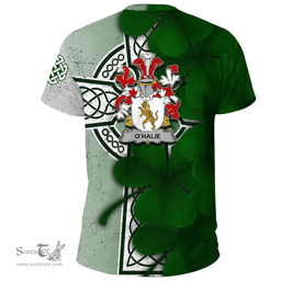 ScotsTee Shop Irish Halie or O Halie Coat of Arms Irish Family Crest T Shirt Irish Shamrock Celtic Cross T Shirt